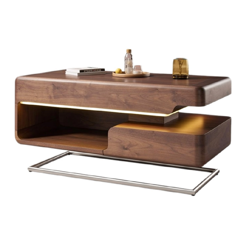 Titel: "Moderne Houten Salontafel met Verlichting en Onderste Plank"