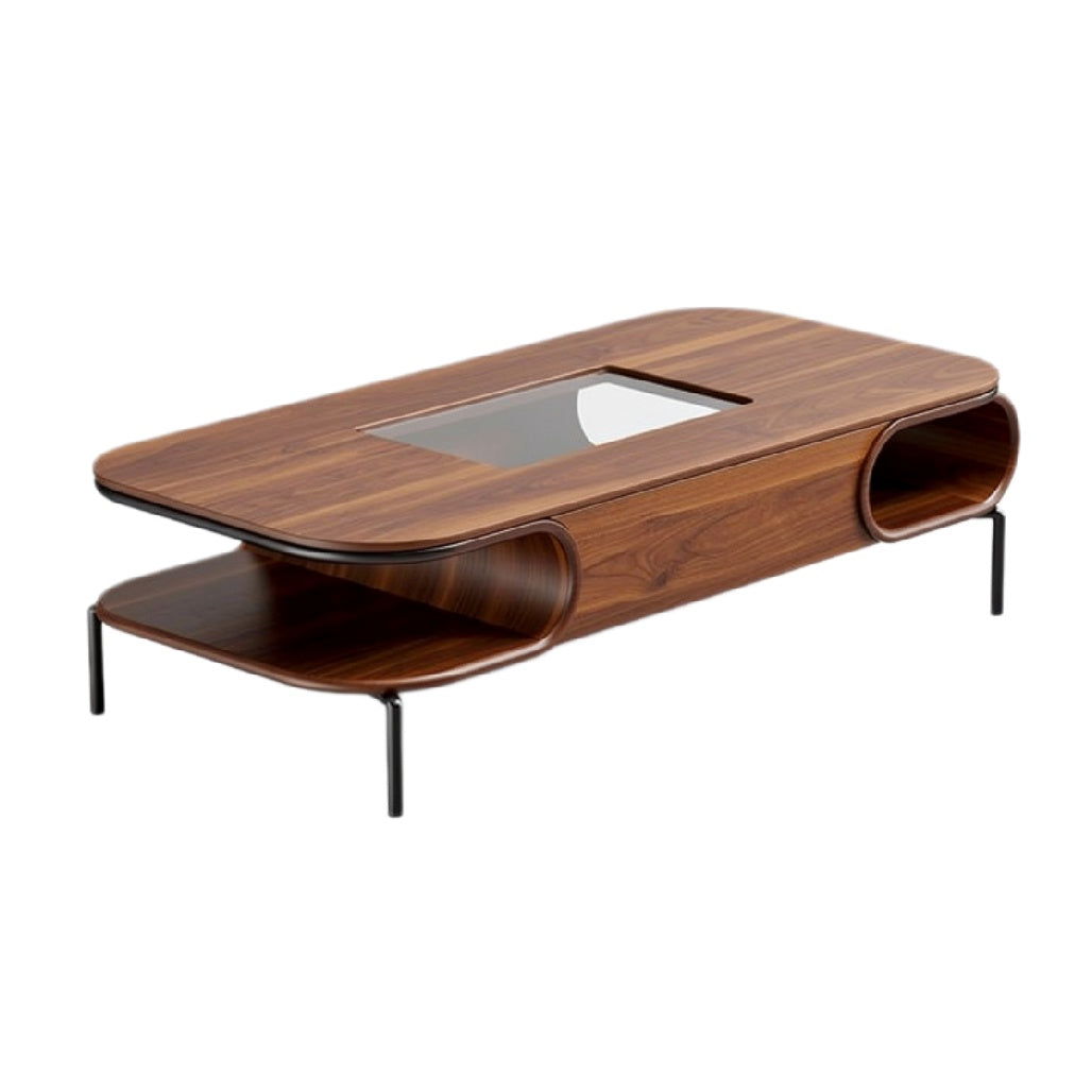Moderne ovale salontafel van walnoot met glaspaneel.