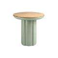 Eenvoudige ronde tafel met houten blad en groene basis