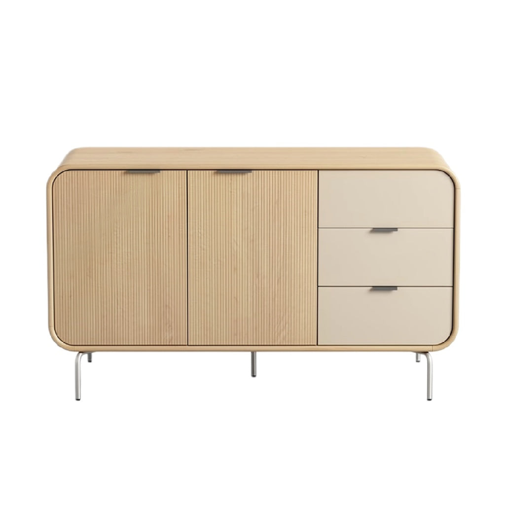 Moderne houten kast met ronde hoeken en metalen poten