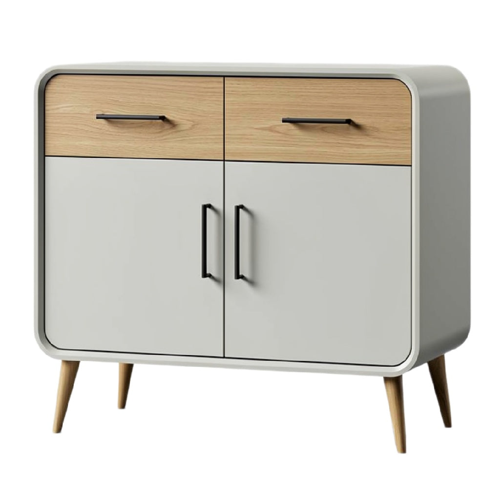 Moderne opbergkast met houtlook en metalen handgrepen